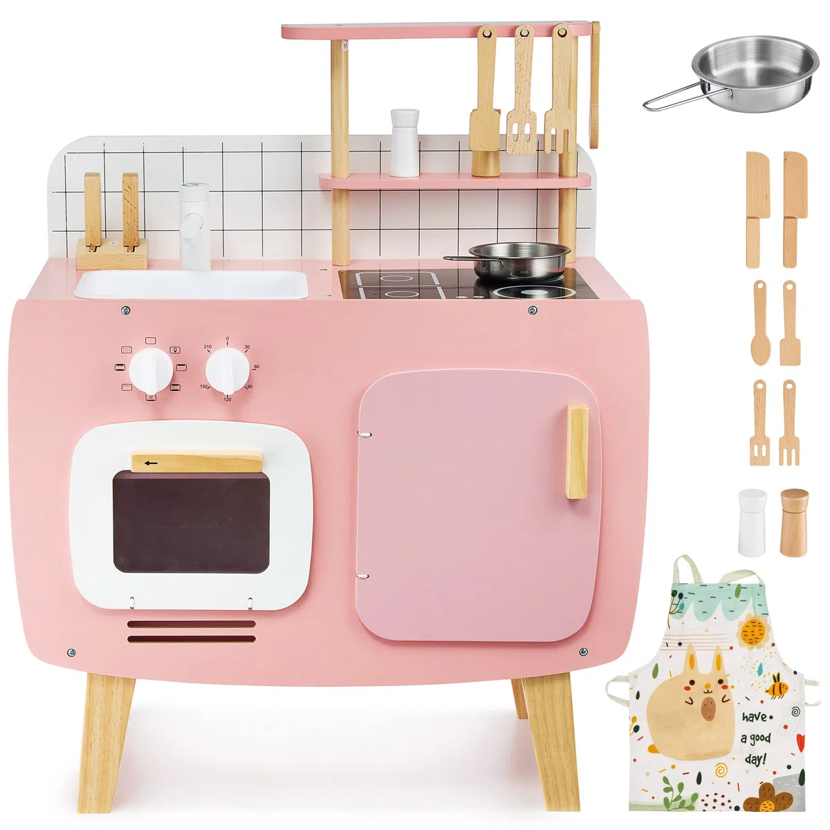 Mamabrum Retrò cucina giocattolo per bambini - Gioco di Ruolo Completo con Grembiule e accessori cucina - Stile Vintage - Adatto dai 3 anni - Colore Rosa