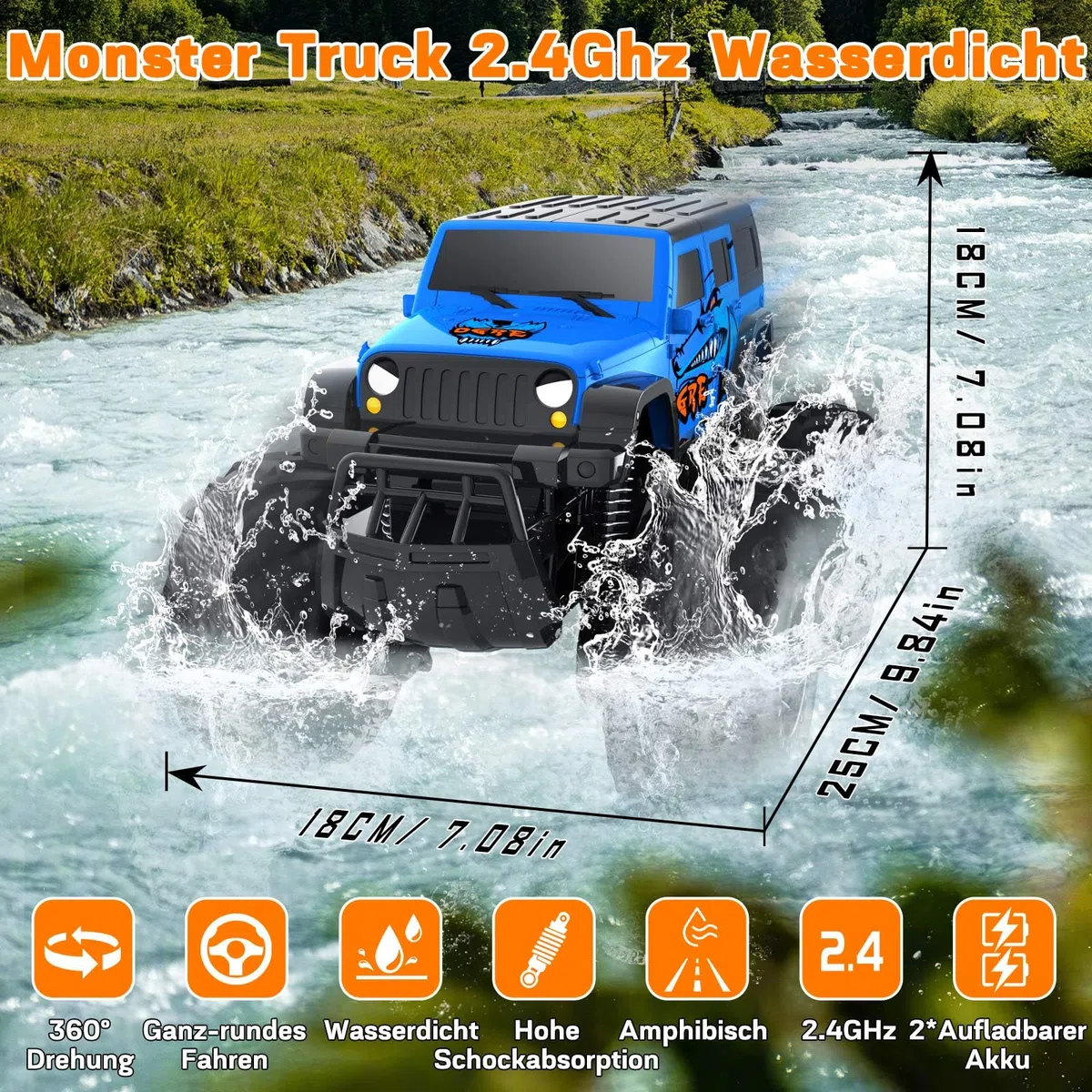 Gindoly Macchina Telecomandata, 2,4 GHz macchina telecomandata per bambini, 4WD 15+ km/h Monster truck radiocomandato,veicolo anfibio con telecomando-Monster