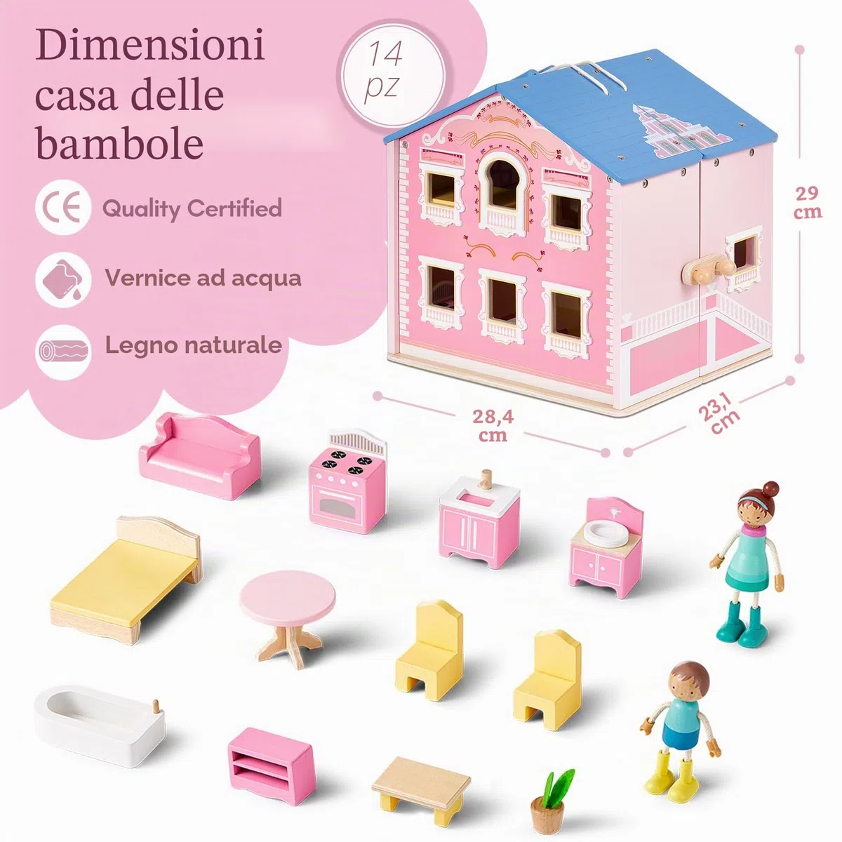 Giant bean - Squisita casa delle bambole in legno rosa per ragazze, con bambole e accessori per mobili, pieghevole e portatile, ideale per bambini dai 3 anni