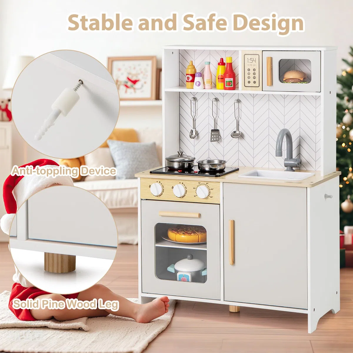 HOMASIS Cucina Giocattolo per Bambini con Luci e Suoni, Cucina Realistica in Legno con 3 Utensili, Rubinetto, Fornello, Microonde e Forno per Bambini da 3+ Anni (Bianco)