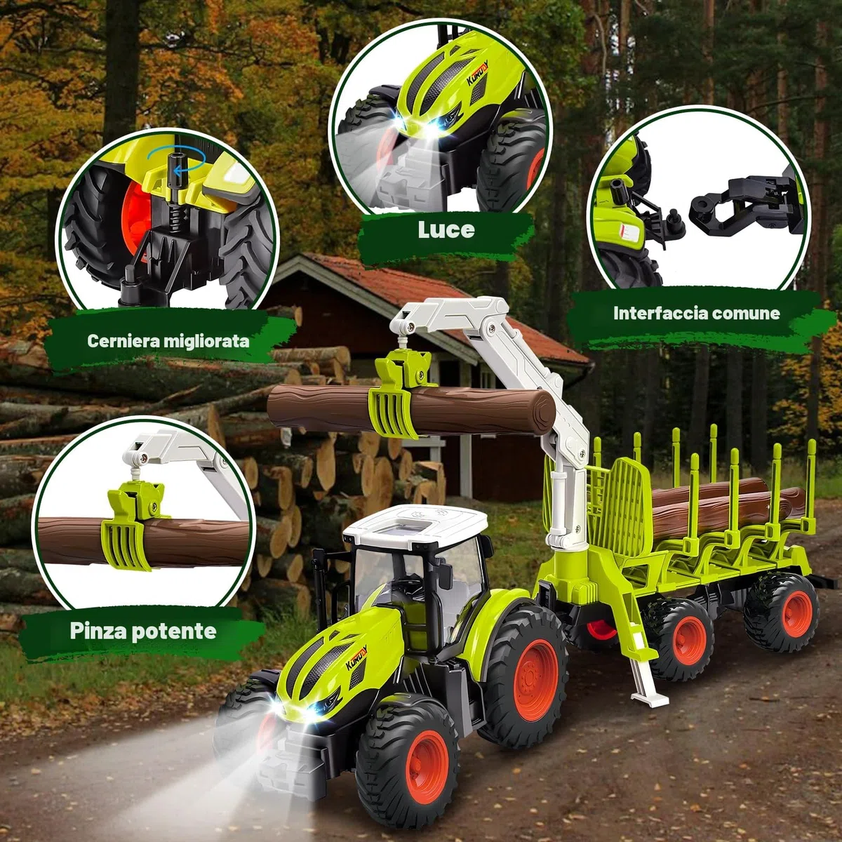Aragallant RC Trattore Telecomandato per Bambini, Set di Trattore Radiocomandato - con Rimorchio Giocattolo, 2.4Ghz Telecomandato, Pinza e 3 Legname, Giocattoli per Bambini di 3, 4, 5, 6, 7 Anni