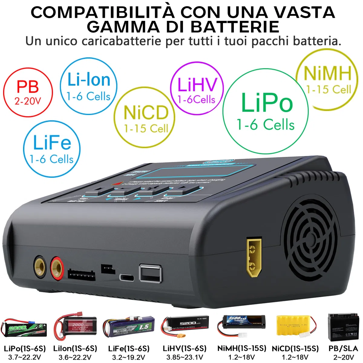 HTRC C150 Caricabatterie Lipo 150W 10A – Caricabatterie RC e Bilanciatore Batterie per LiHV/LiPo/Li-Ion/LiFe (1-6S), NiMH/NiCd (1-15S), PB (2-20V) – AC/DC, Display LCD, 20 Memorie