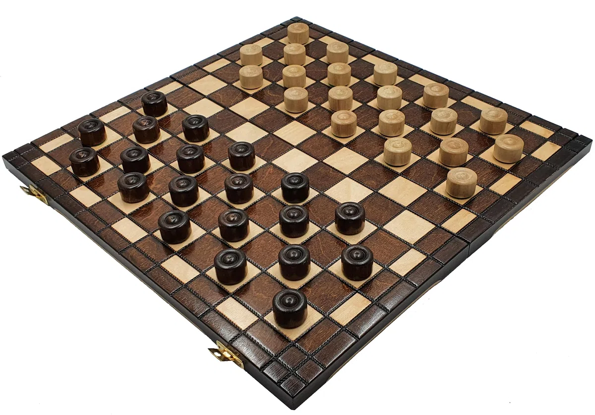 Un gioco di dama – Checkers 100 campi – Scacchiera pieghevole |40 x 40 cm | in legno & 40 Checkers |2,5 cm | – Checkers Set
