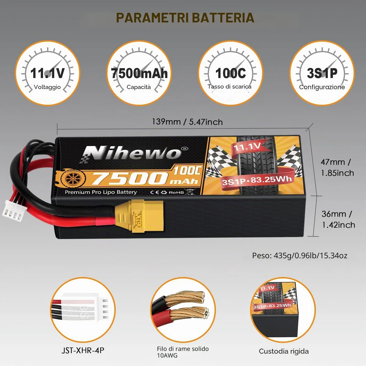 Batteria Lipo 3S, 2 Pezzi Batteria RC 11,1 V 7500 mAh 100C Custodia Rigida Lipo 3S Connettore XT90 Compatibile con 1/8 1/10 RC Auto Camion Truggy Veicoli Serbatoio Barca Aereo Modelli