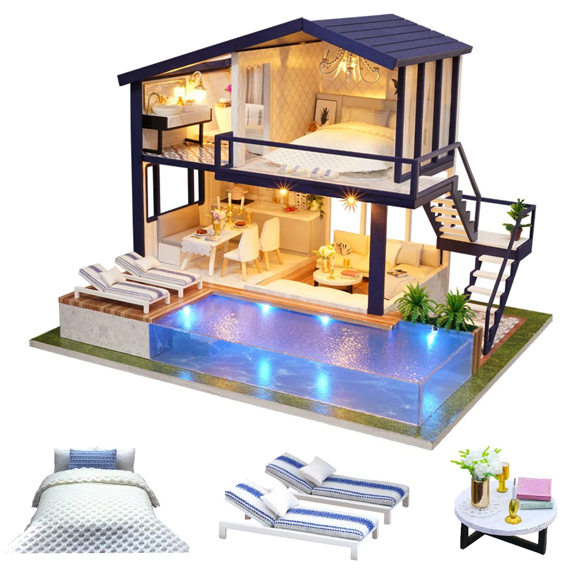 Cuteroom Casa delle bambole in legno fai da te Handcraft Kit in miniatura Modello & Mobile-Time Appartamento con piscina