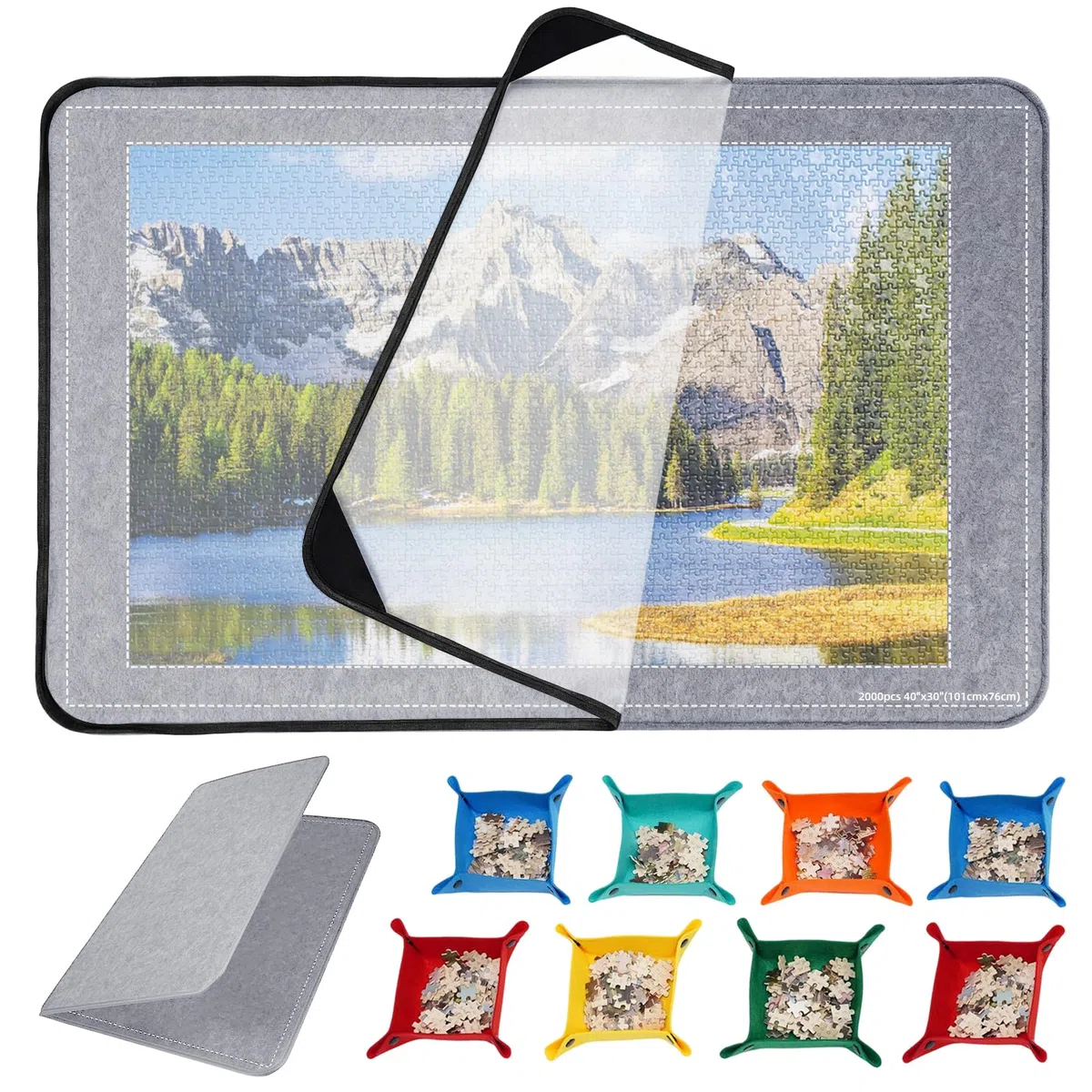 Tavolo puzzle da 2000 pezzi con copertura, puzzle pieghevole, accessori puzzle 105 x 80 cm, super leggero in feltro con 8 scomparti per la selezione e 1 copertura, piatto puzzle portatile, grigio