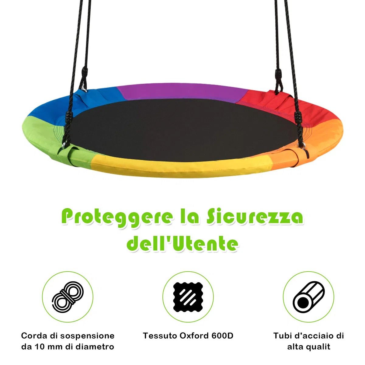 Altalena da Giardino Rotonda a Nido per Interni/Esterni Portata Max. 150 kg Diametro 100 cm Multicolore