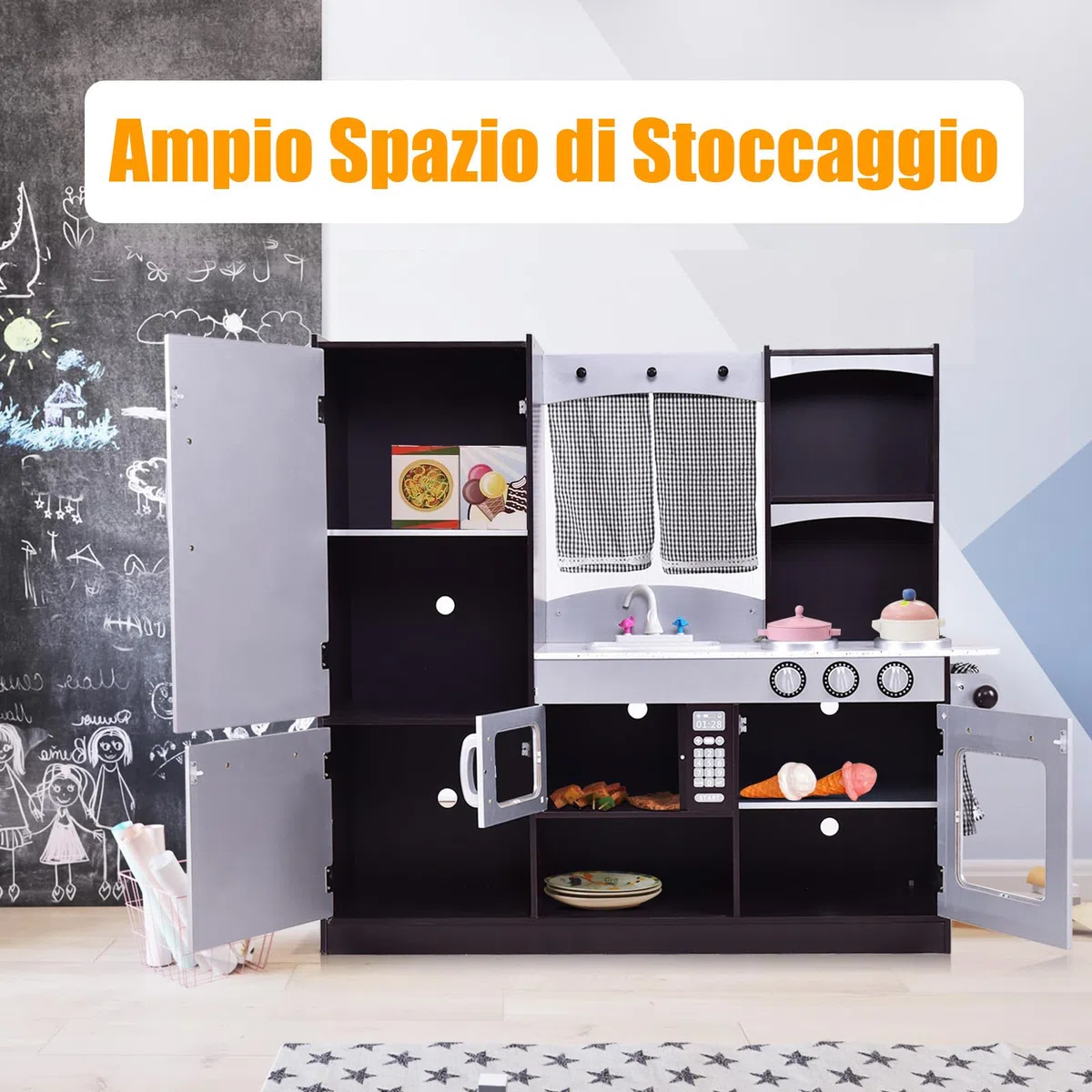 RELAX4LIFE Cucina Giocattolo in Legno per Bambini, Mini Cucina con Forno, Microonde e Frigorifero, Accessori Realistici, Natale/Compleanno/Feste