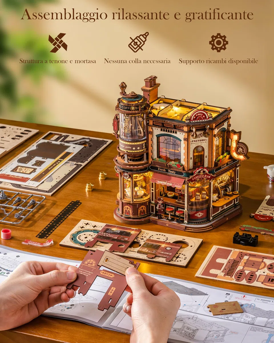 ROBOTIME Puzzle 3D in legno per adulti da costruire – Dream Coffe Factory, kit di costruzione in miniatura con musica, luci e scene animate, casa in miniatura/Book Nook Café EAB02