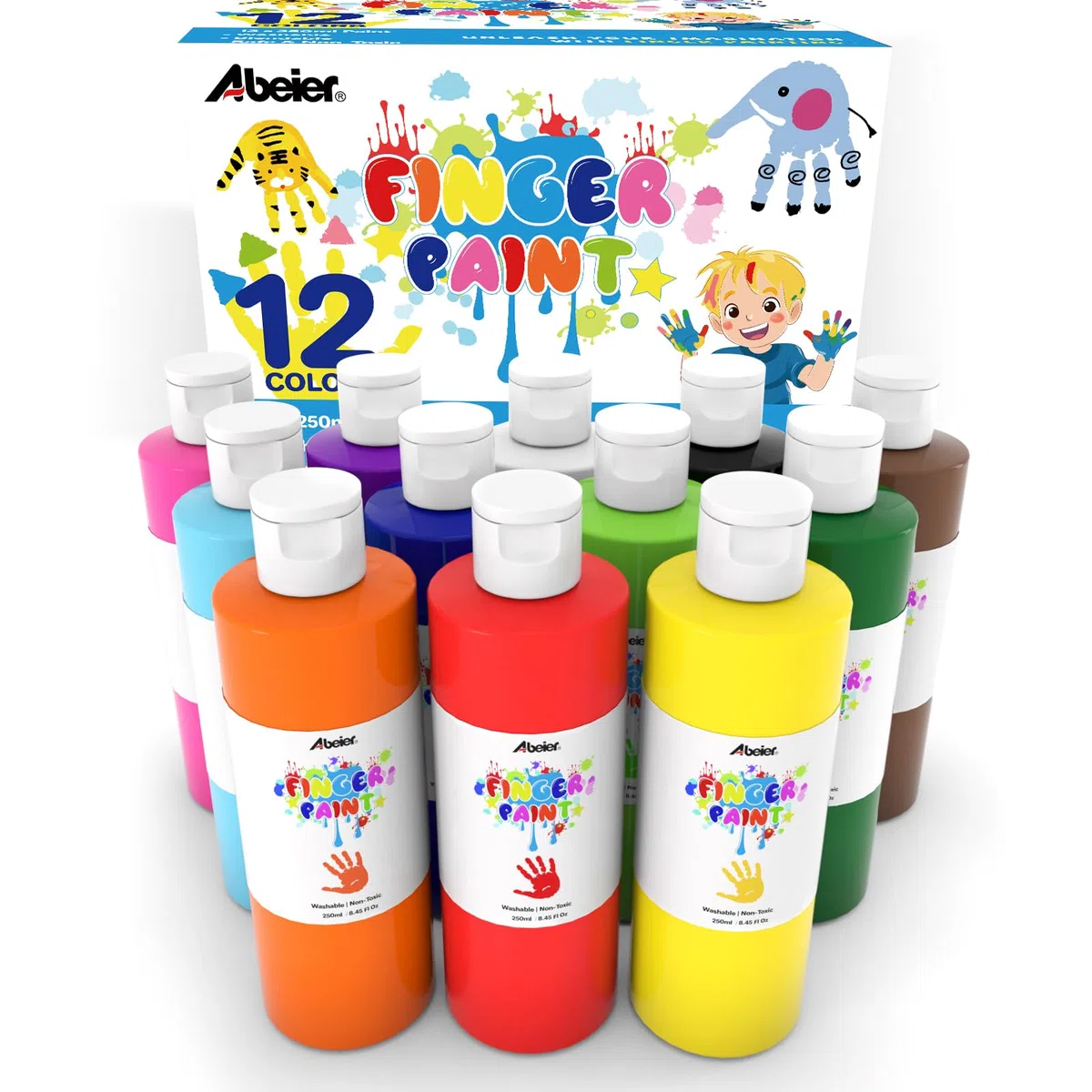 ABEIER Colori per dita per bambini, atossici, 250 ml x 12, resistenti al lavaggio, lavabili, colori per dita per bambini, accessori per la pittura sicuri per l'asilo, la scuola, l'apprendimento