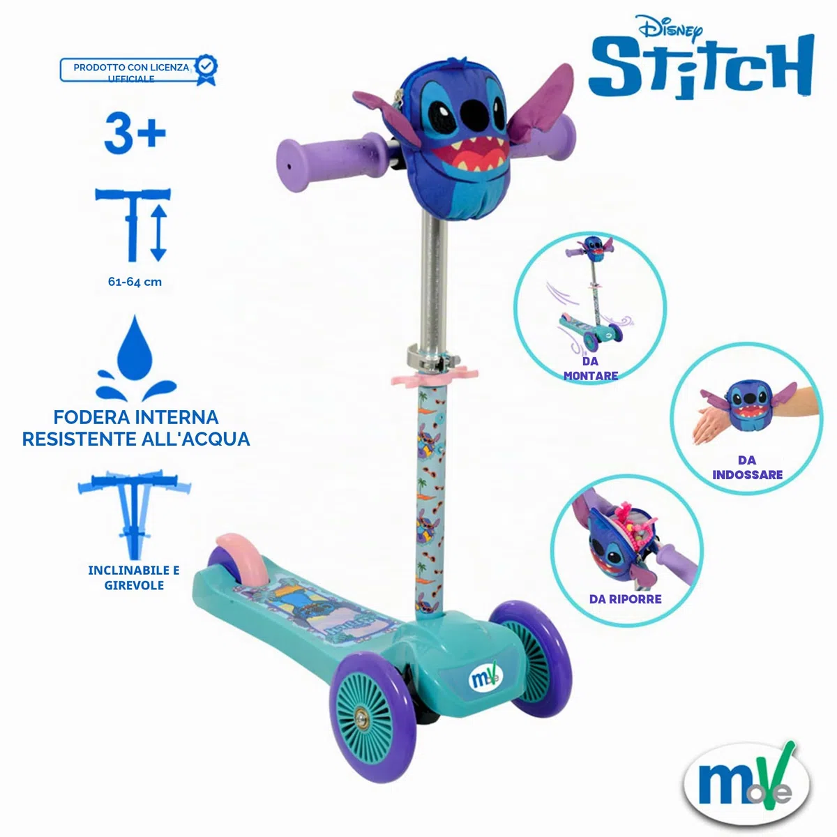 Stitch Mini Go - Monopattino inclinabile a 3 ruote con squishle, regolabile, per bambini e bambine, per bambini dai 3 anni in su, monopattino a 3 ruote