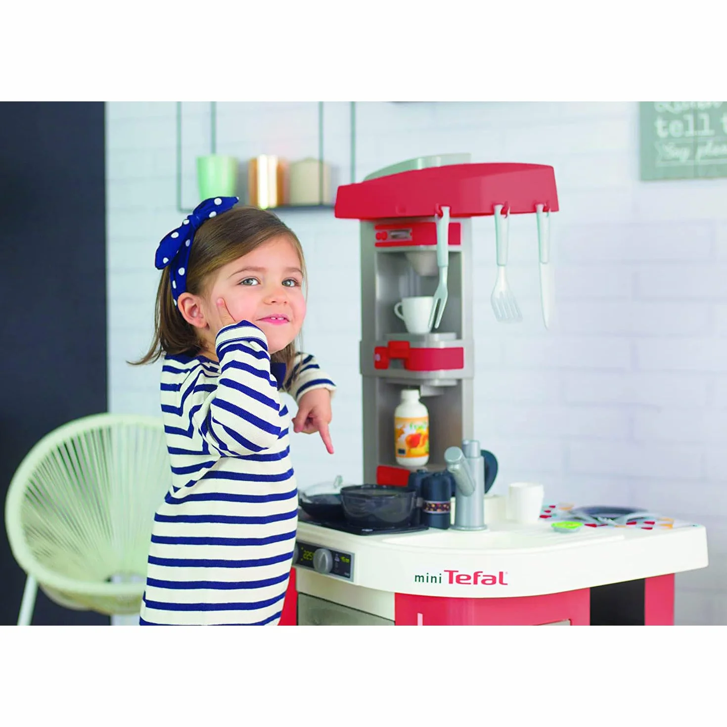 Smoby- Cucina Studio Bubble Red,7600311055, +3 anni, 26 accessori, effetto acqua che bolle, colore rosso, made in France
