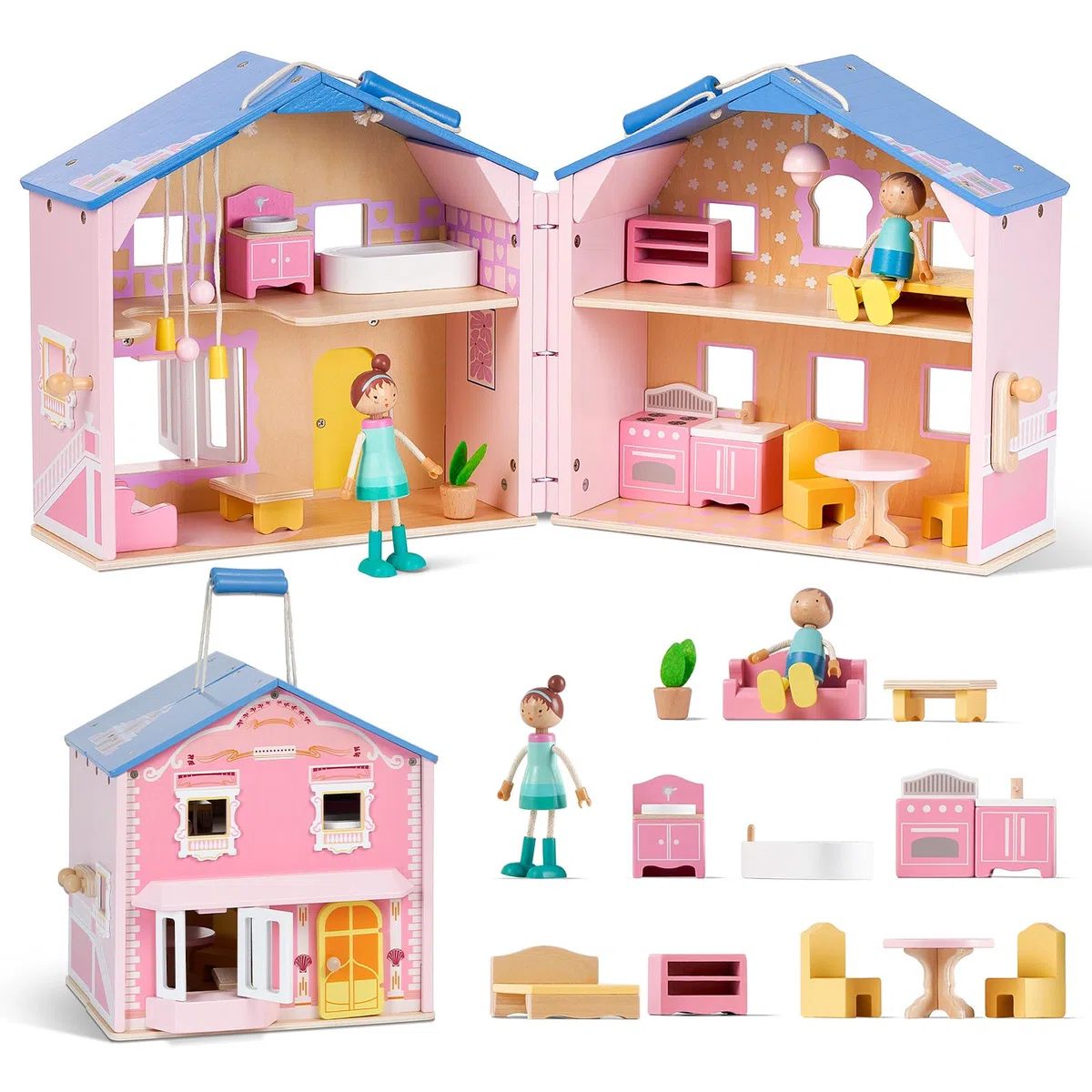 Giant bean - Squisita casa delle bambole in legno rosa per ragazze, con bambole e accessori per mobili, pieghevole e portatile, ideale per bambini dai 3 anni