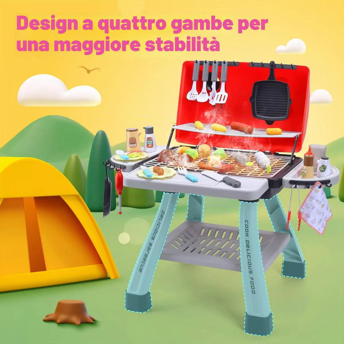 CUTE STONE barbecue giocattolo in pietra per bambini, set da cucina, set da gioco realistico per barbecue con fumo e accessori da cucina