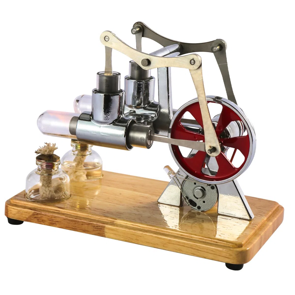 Kit Motore Stirling a Doppio Cilindro, Piastra di Base in Quercia, Lavorazione a Goccia, Esposizioni Educative, Intrattenimento per Bambini