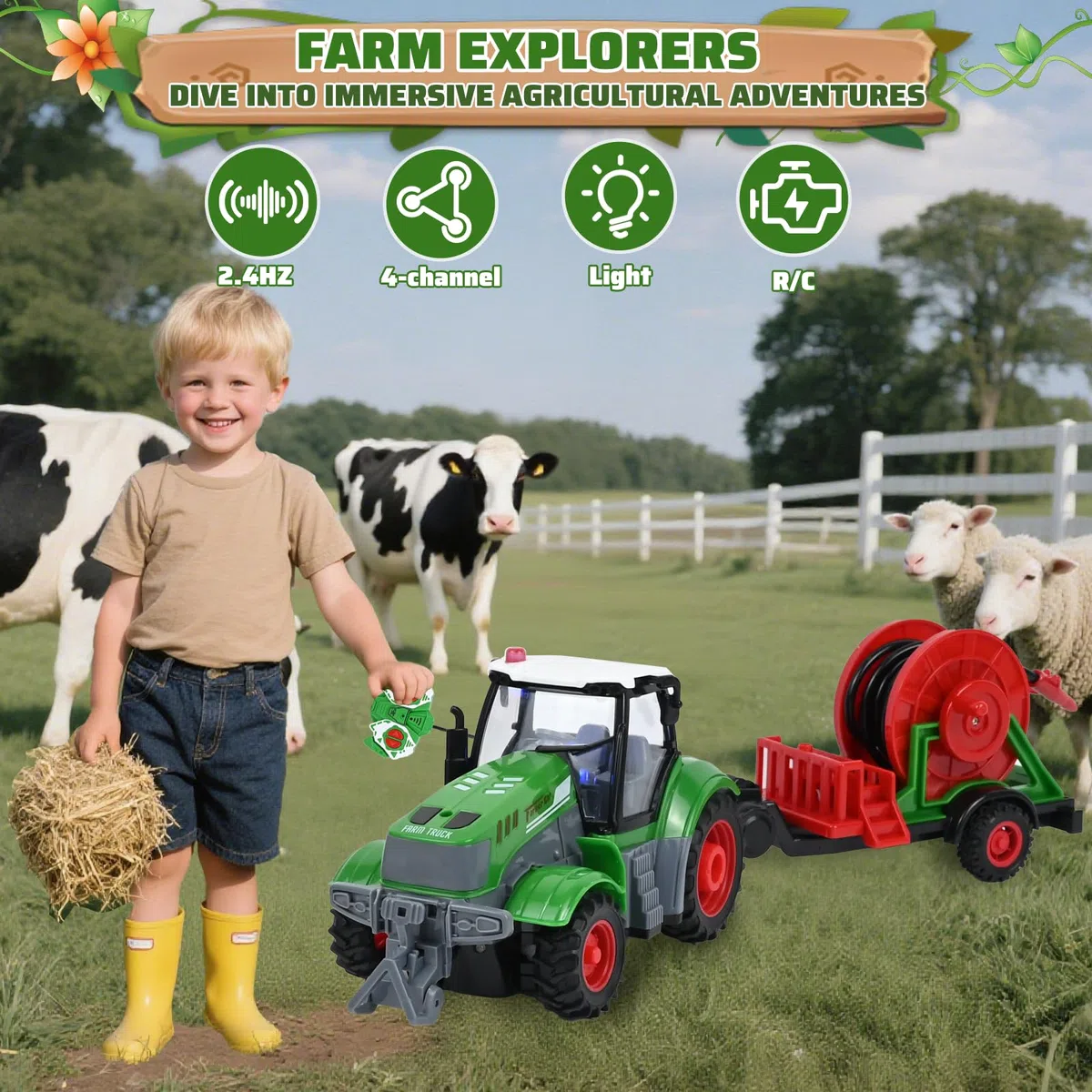 PATEMZON Trattore Telecomandato per Bambini, 2,4 Ghz Trattore Radiocomandato, con Aspo per Irrigazione, Rimorchio Giocattolo e 4 Legname, Fattoria Bambini Giocattolo per Bambini 3 4 5+ Anni