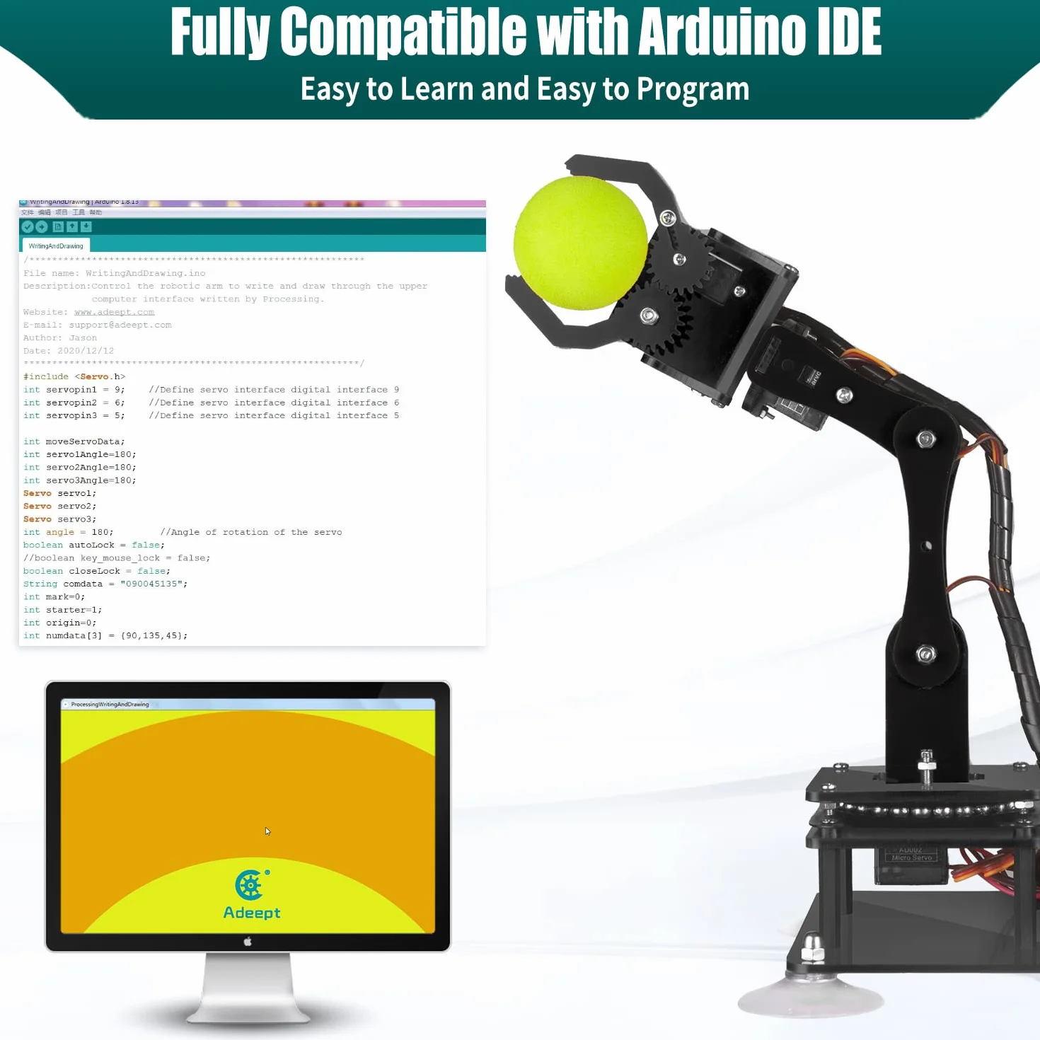 Adeept 5 Assi Braccio Robotico Kit a Compatibile con Arduino IDE Kit Robot fai da te Kit Braccio Robot STEAM con codice di Elaborazione Display OLED ed Esercitazione PDF Tramite link di Download
