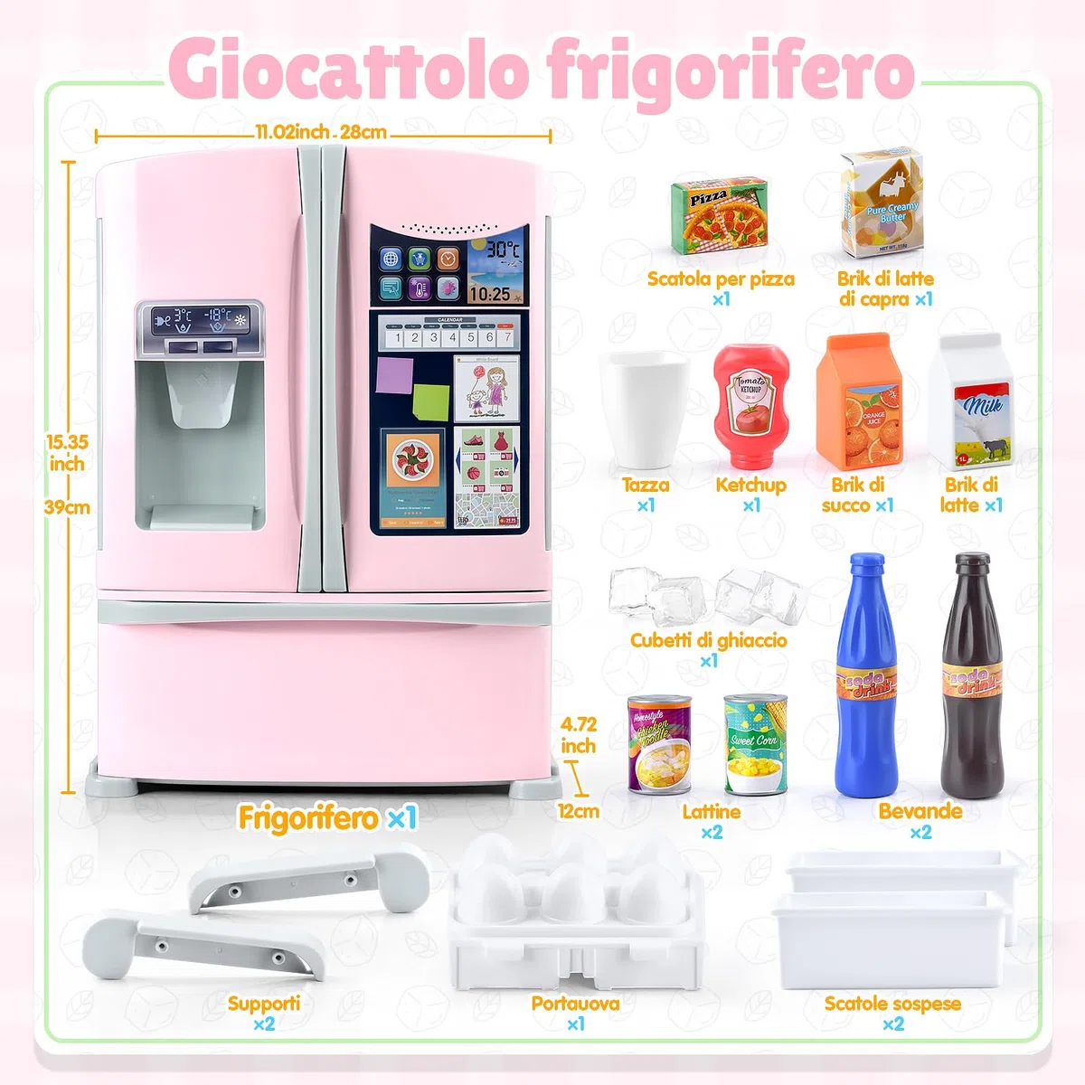 PLAY Set di accessori da cucina per bambini, frigorifero con dispenser di ghiaccio, set di accessori da cucina con frigorifero per bambini, giocattolo alimentare, cubetti di ghiaccio, utensili da
