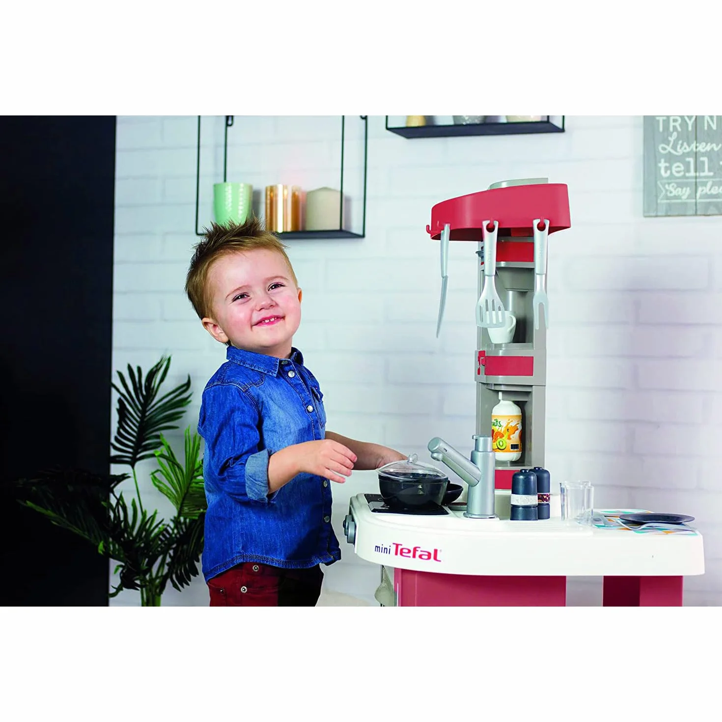 Smoby- Cucina Studio Bubble Red,7600311055, +3 anni, 26 accessori, effetto acqua che bolle, colore rosso, made in France