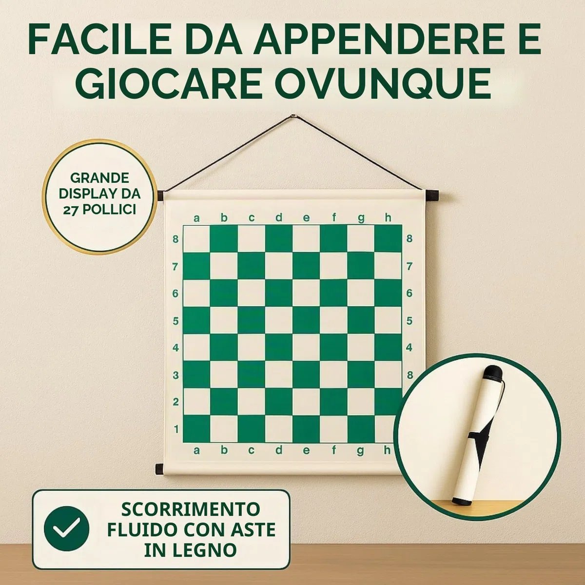 KD Willmax Scacchiera da appendere alla parete con pezzi magnetici | Espositore arrotolabile da 68,6 cm