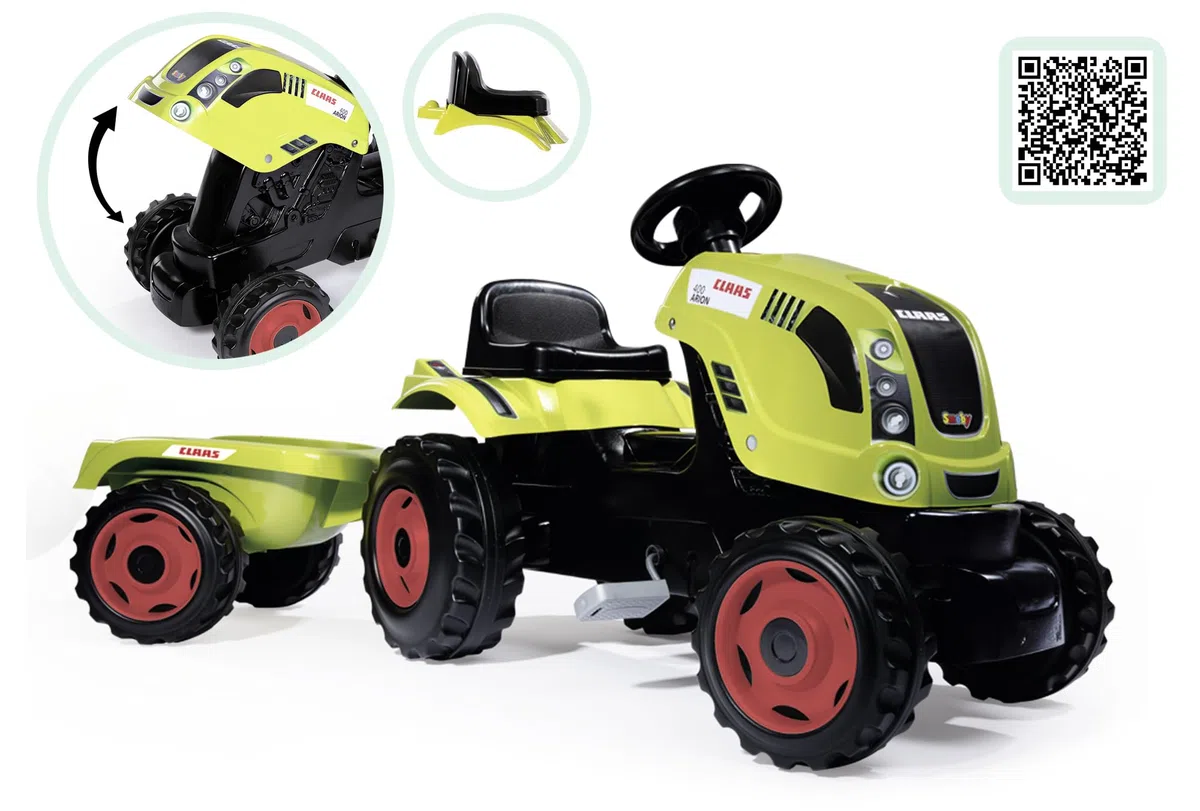 Smoby - Trattore Claas Farmer XL + Rimorchio - Trattore a pedali per bambini - Sedile regolabile - Volante con clacson - Cofano apribile - Dai 3 anni - Prodotto in Francia