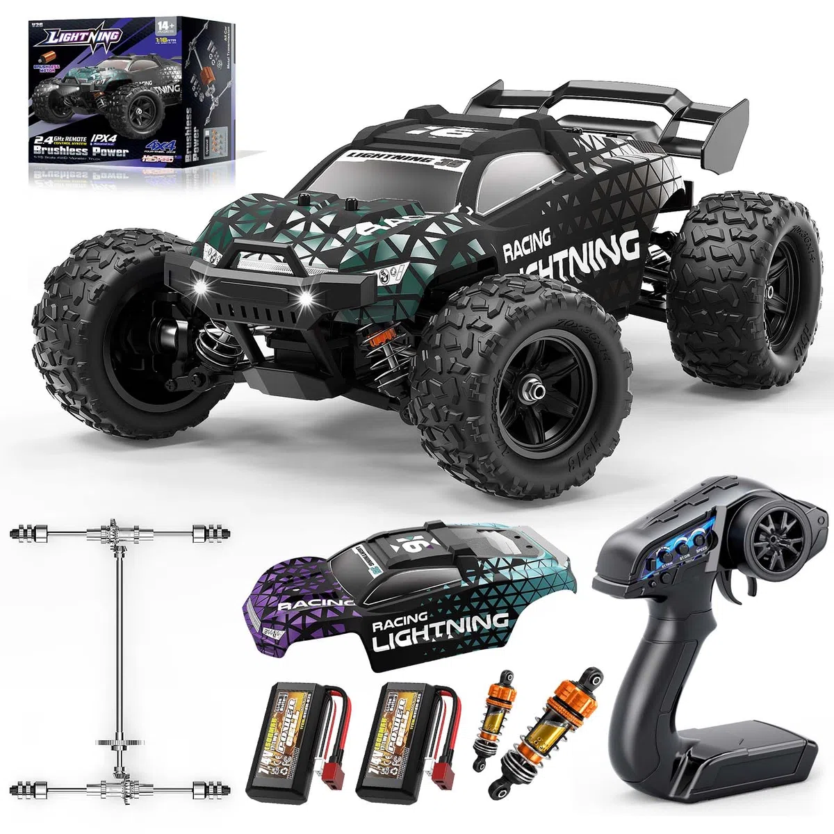 Macchina Telecomandata Brushless 1:18 4WD 52 km/h per Adulti e Bambini da 10 Anni, Auto RC Fuoristrada con Trasmissione Interamente in Metallo, Ammortizzatori ad Olio, 2 Batterie e 2 Carrozzerie