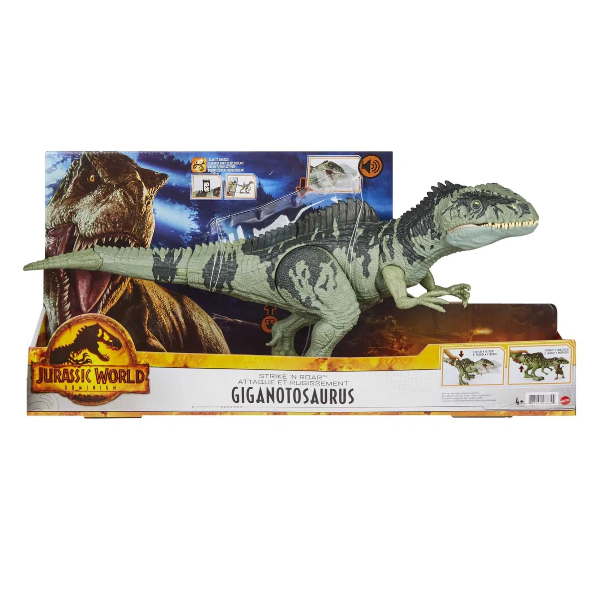 Mattel Jurassic World - Dominion GIGANTOSAURO Attacco Letale con fauci mobili, ruggito e movimenti, malvagio dinosauro carnivoro , Giocattolo e regalo per Bambini 4+ Anni, GYW86