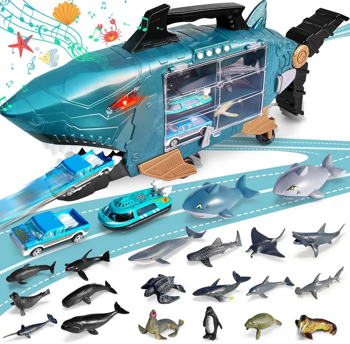 Shark Truck With LED and Music, Camion With 2 Squalo Auto, 18 Marine Animals and Toy Cars Inside