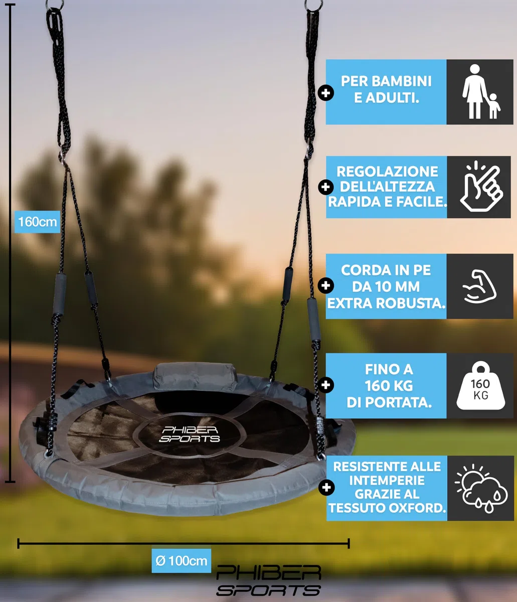 PHIBER-SPORTS Altalena a Nido d'Ape per Esterno per Bambini - Ø 100 cm - Con Cuscini + Maniglioni + Altezza Regolabile - Resistente agli Agenti Atmosferici e Durevole - Altalena a Piatto in Rete