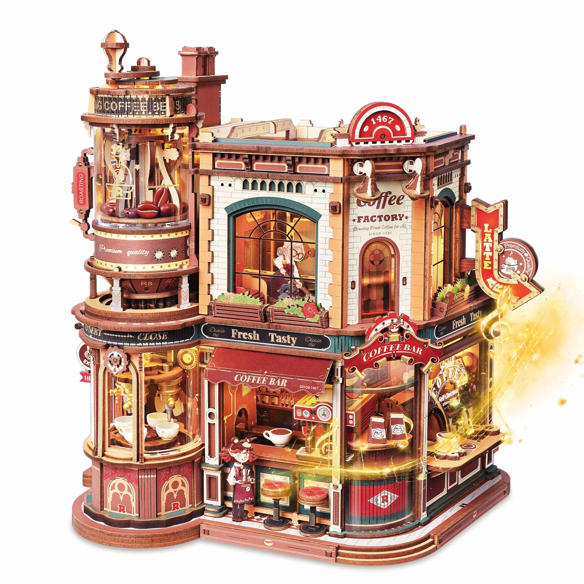 ROKR Puzzle 3D Legno Dream Coffee Factory,Caffè all'Angolo Modellismo da Costruire,Regali DIY Fatti a Mano per Adulti,EAB02
