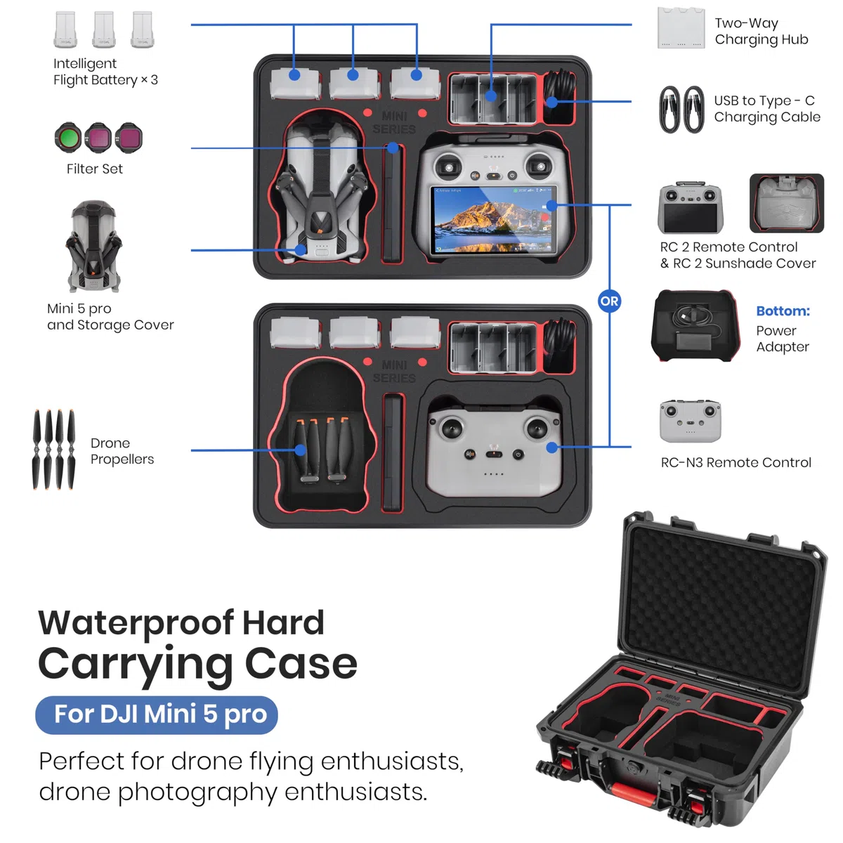 STARTRC Mini 5 Pro Custodia, impermeabile custodia rigida per DJI Mini 5 Pro Fly More Combo accessori controller per DJI RC 2/RC-N3, 7 batterie e hub caricabatterie [Solo valigia]