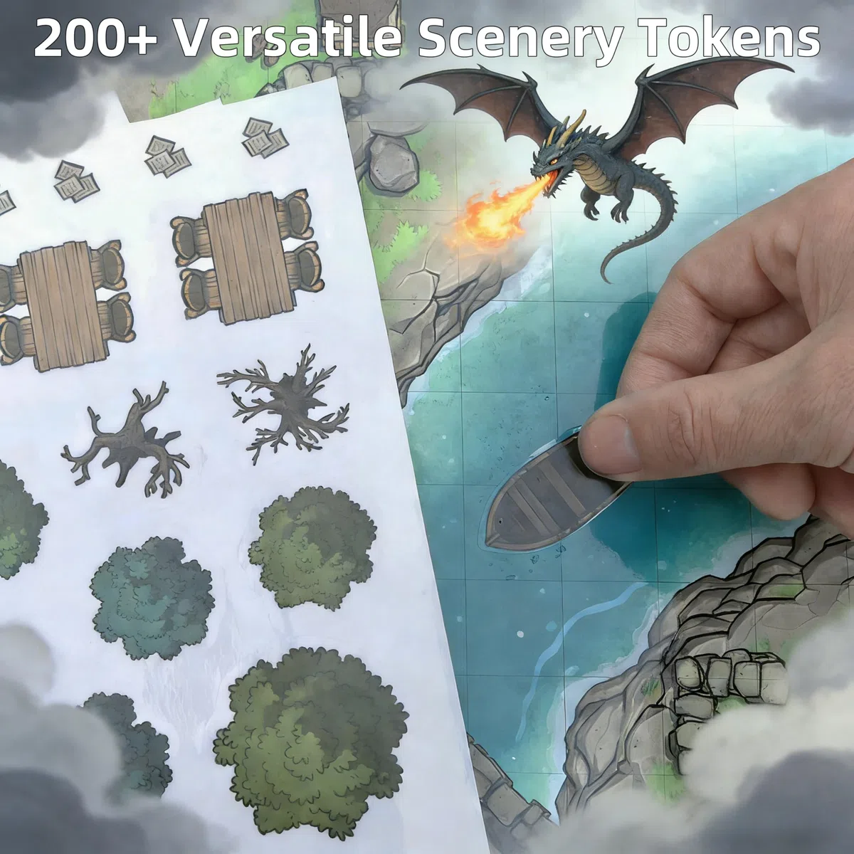 DND Battle Map Book – 39 tappetini riutilizzabili cancellabili a secco/bagnato con oltre 200 decalcomanie paesaggistiche, griglia da 2,5 cm e rilegatura piatta – Kit portatile RPG terreno per campagne
