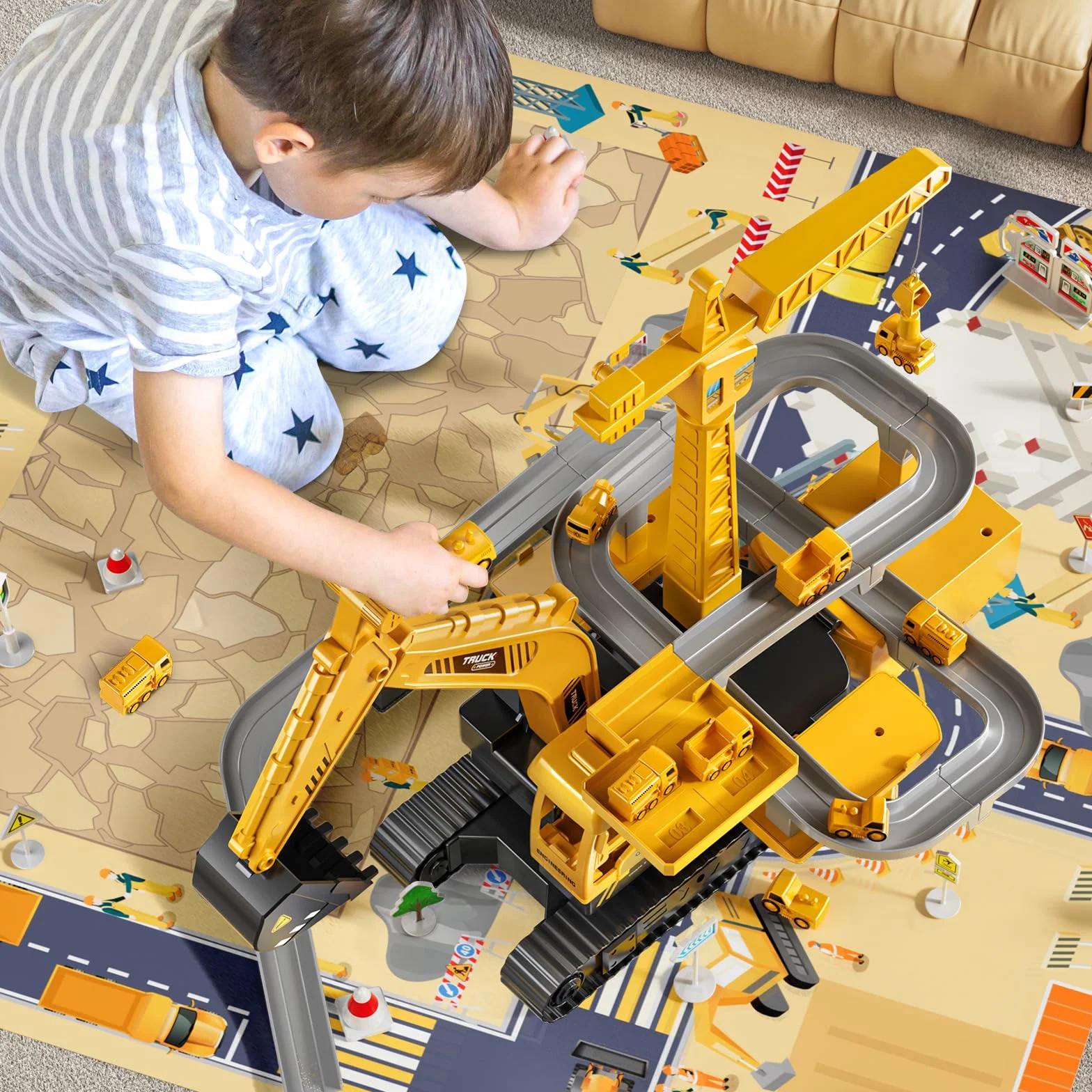 Escavatore giocattolo per bambini 3-8 anni, veicolo da cantiere con pista, regalo di compleanno per ragazzi e ragazze dai 3 anni in su