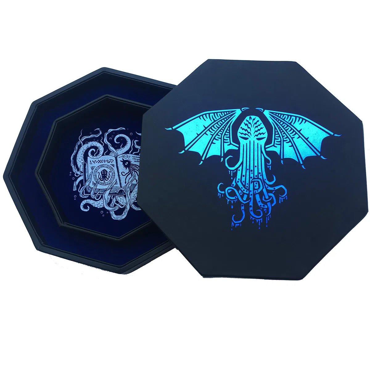 Fantasydice-Cthulhu Tome-Blue- Vassoio per dadi – Ottagono 20.3 cm con coperchio e area di scena dei dadi – Contiene 5 set (7 dadi/standard) per tutti i RPG da tavolo come D & D, Call of Cthulhu