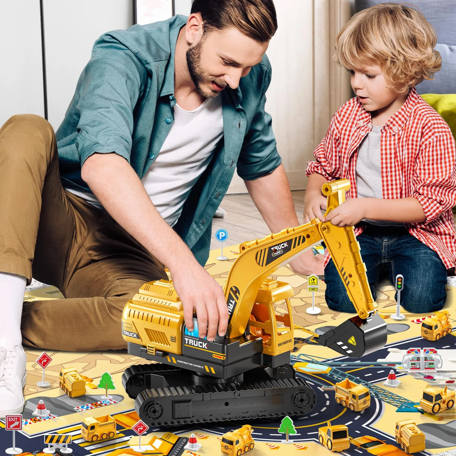 Escavatore giocattolo per bambini 3-8 anni, veicolo da cantiere con pista, regalo di compleanno per ragazzi e ragazze dai 3 anni in su