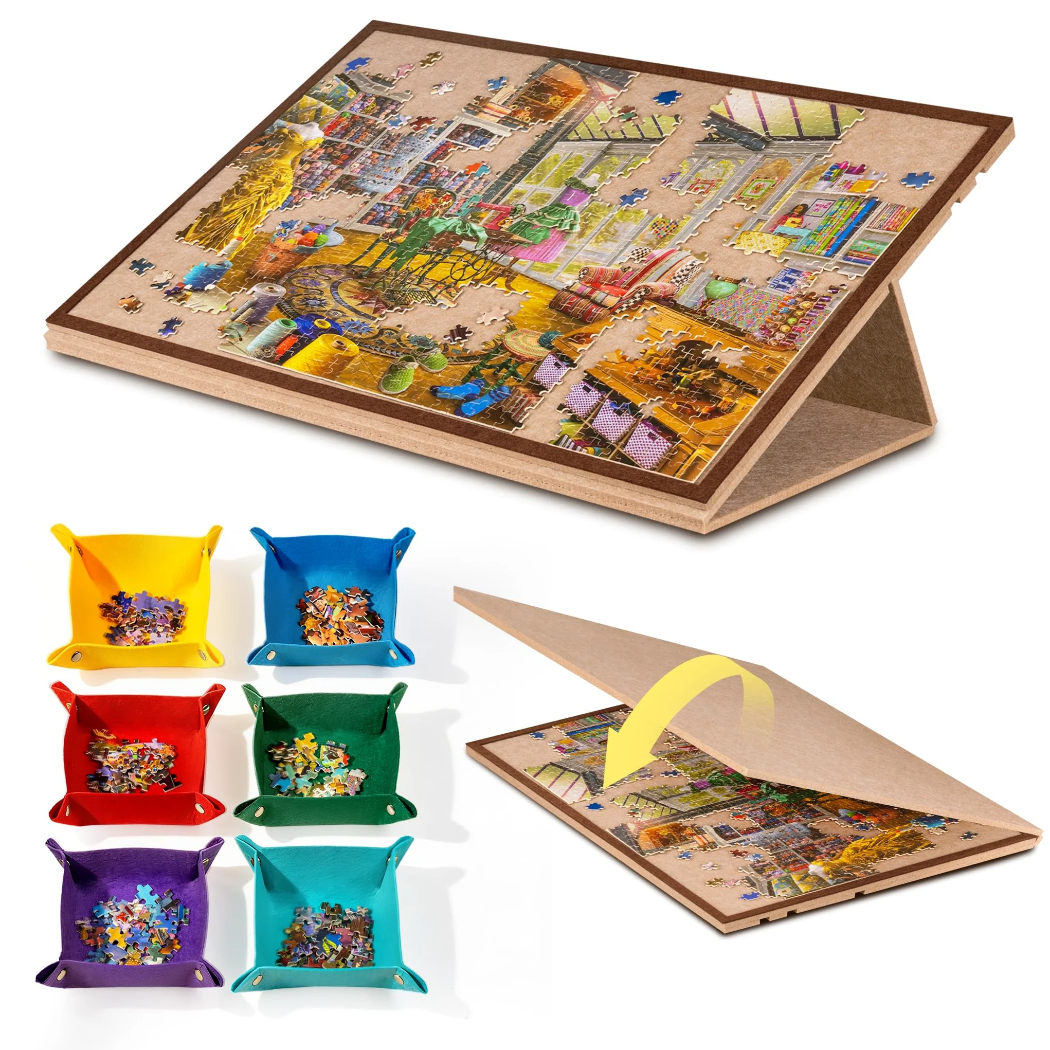 Tavola per puzzle inclinabile con supporto 2 in 1 e coperchio, tavolo portaoggetti leggero in feltro con 3 angoli regolabili, 6 vassoi di ordinamento per puzzle fino a 1000 pezzi
