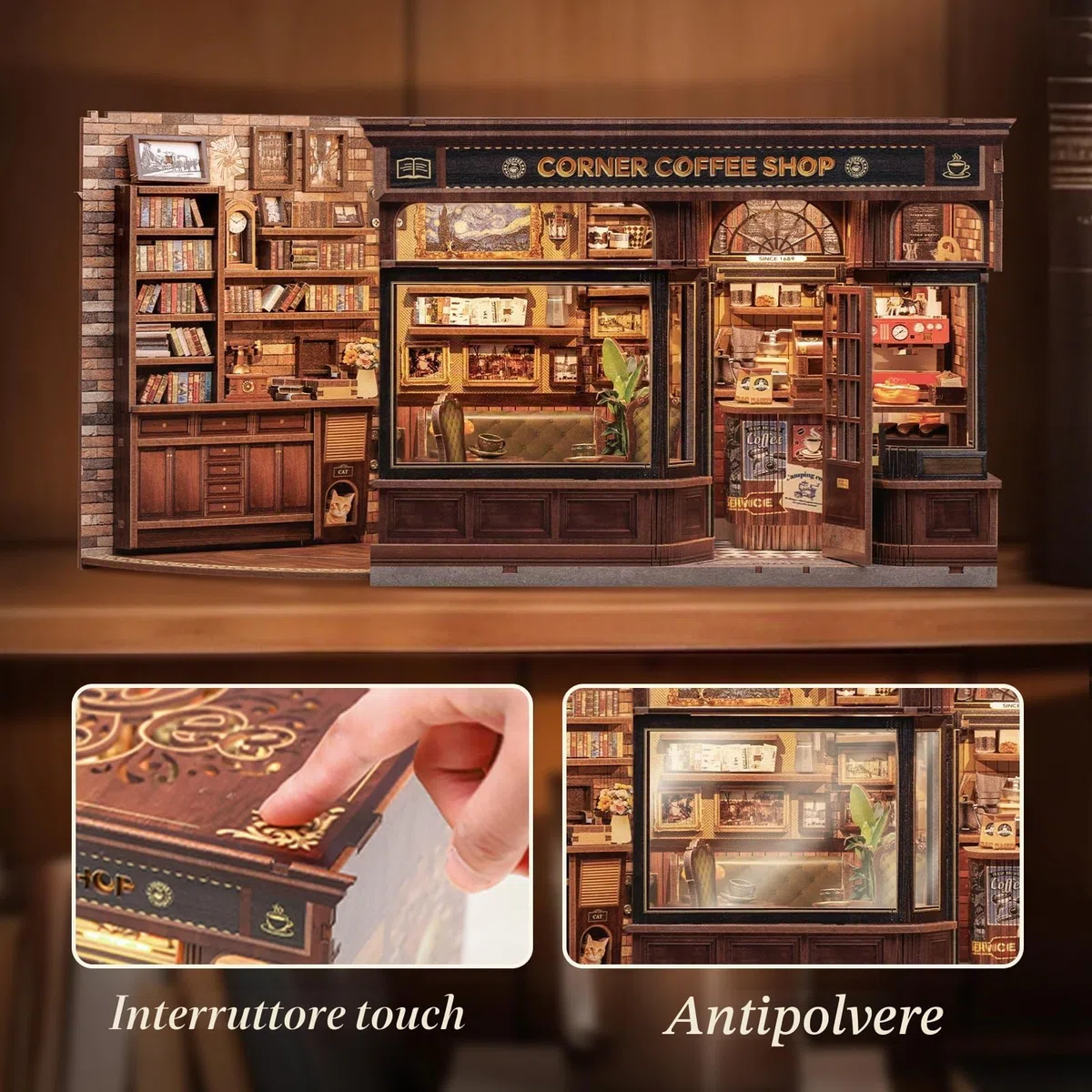 CUTEBEE Book Nook Kit: Casetta Miniatura DIY in Legno Luce LED, Puzzle 3D Caffetteria | Regalo Amanti Libri (Corner Coffee Shop)