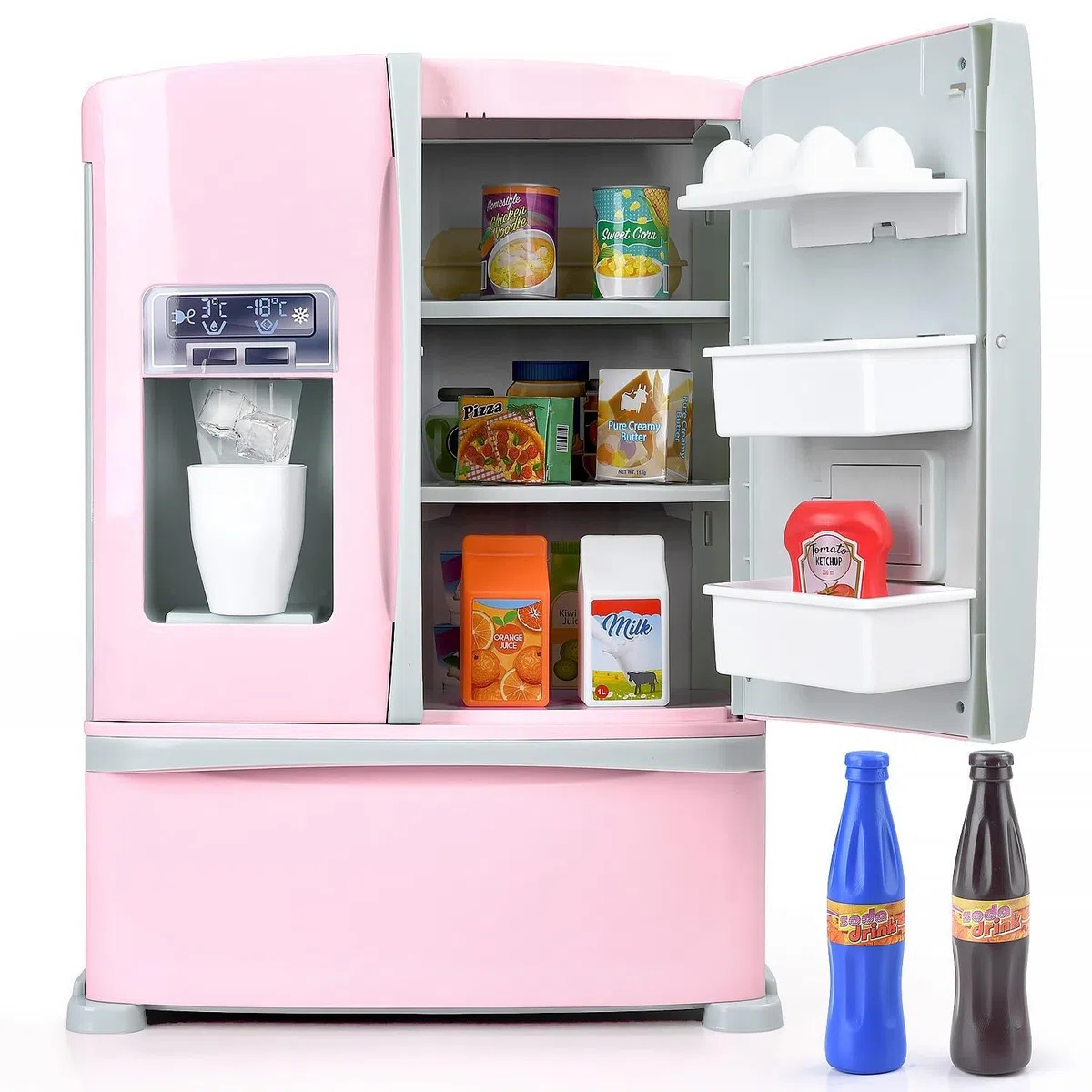 PLAY Set di accessori da cucina per bambini, frigorifero con dispenser di ghiaccio, set di accessori da cucina con frigorifero per bambini, giocattolo alimentare, cubetti di ghiaccio, utensili da
