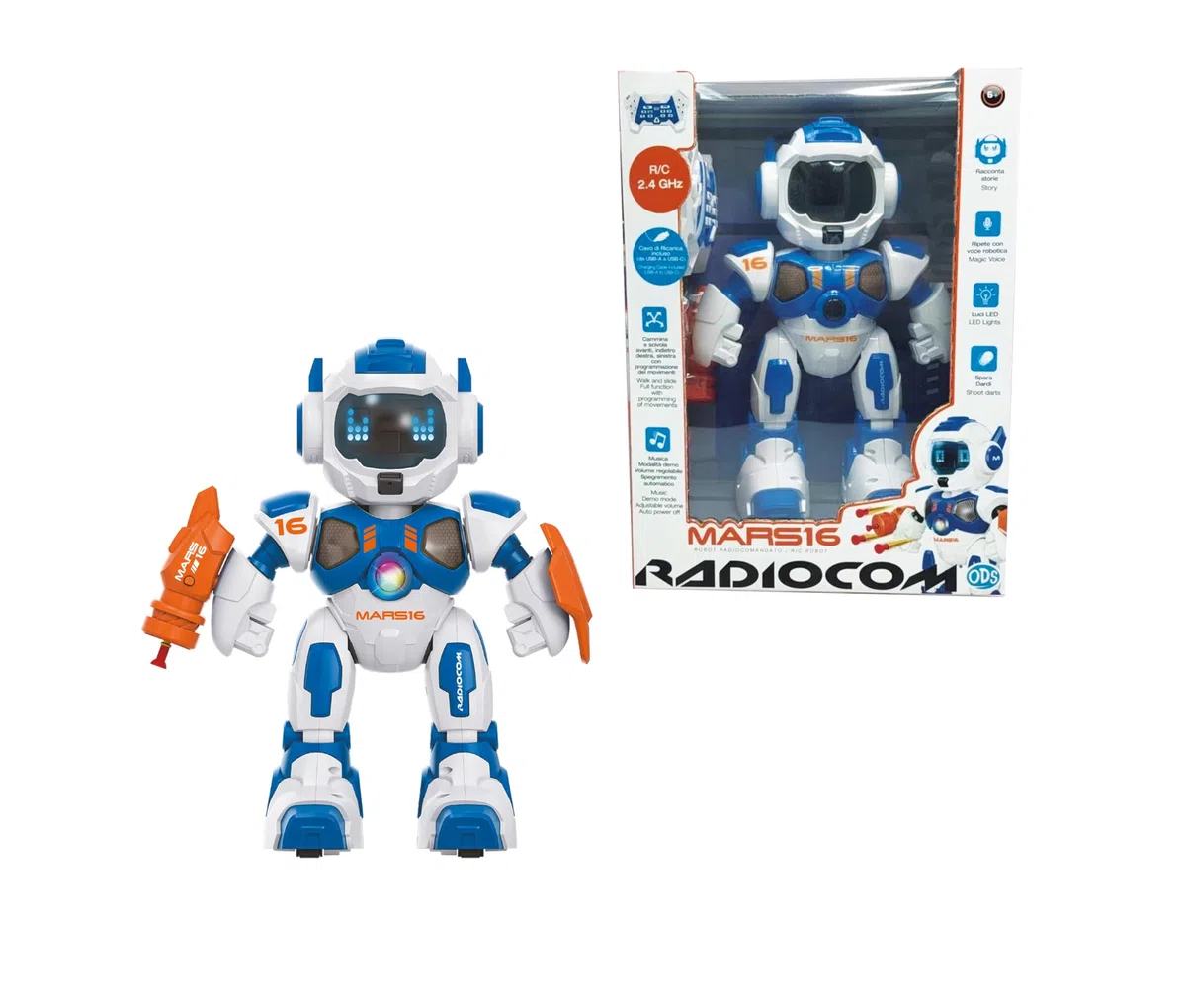 Mars 16 - Robot RC 2.4GHz per bambini - Cammina, gira, trasla - Spara dardi - Racconta storie - Braccio oscillante - Voce e musica - Luci - Programmabile - Modalità demo - Volume regolabile