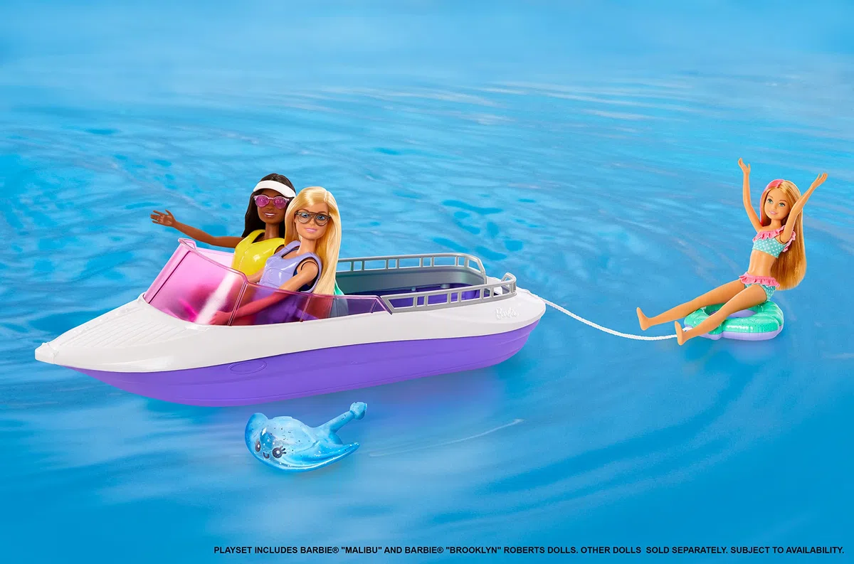 Barbie - Sirene playset con 2 barca galleggiante da 46 cm con fondo trasparente e accessori, Giocattolo per Bambini 3+ Anni, HHG60