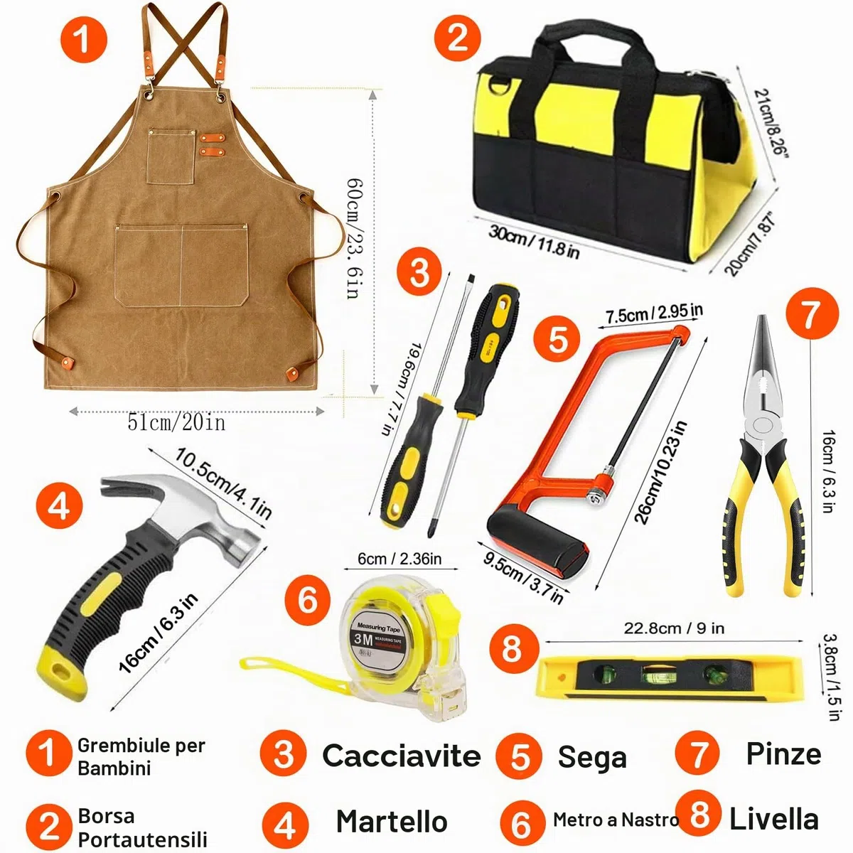 Set di attrezzi per bambini, 38 pezzi, con borsa degli attrezzi, grembiule, sega, regalo educativo
