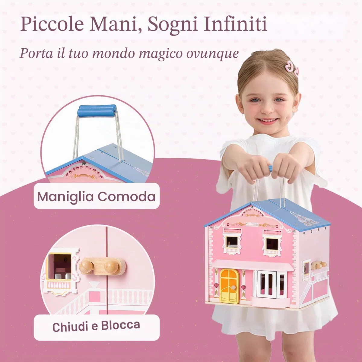 Giant bean - Squisita casa delle bambole in legno rosa per ragazze, con bambole e accessori per mobili, pieghevole e portatile, ideale per bambini dai 3 anni