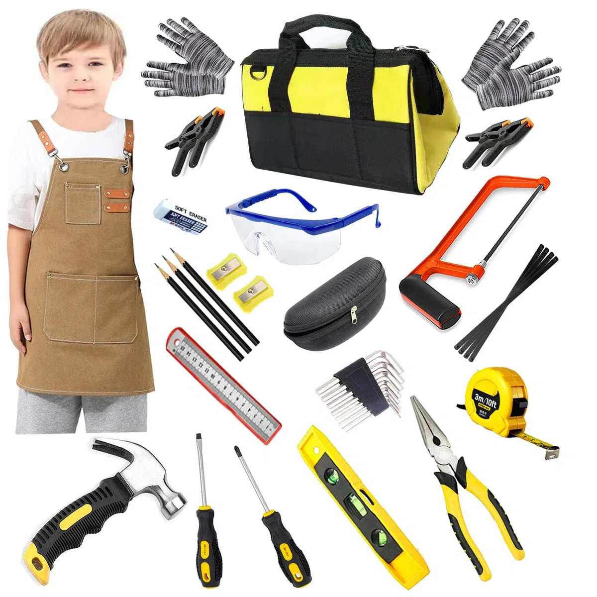 Set di attrezzi per bambini, 38 pezzi, con borsa degli attrezzi, grembiule, sega, regalo educativo