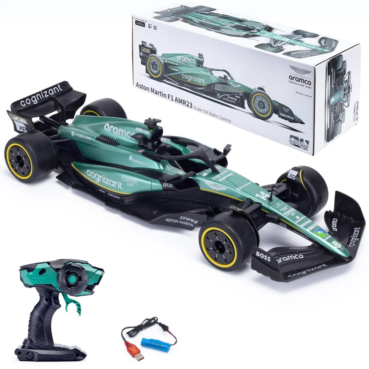 Aston Martin F1 RC Auto radiocomandata AMR22 (scala 1:14) – Telecomando 2,4 GHz – Modello auto da corsa con licenza ufficiale Aston Martin – Conducente: Fernando Alonso & Lance Stroll – Formula 1