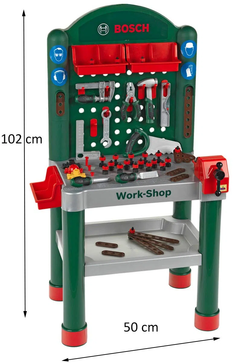 Theo Klein 8320 Workshop Bosch, 79 Pezzi, Piano di Lavoro con Funzione di apprendimento, Dimensioni- 50 cm 37 cm 102 cm, Giocattolo per Bambini a Partire dai 3 Anni di età