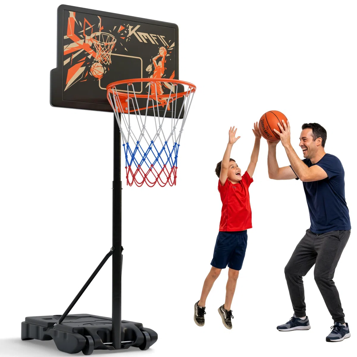 KM-Fit Canestro Basket Regolabile 110–210 cm | Supporto Basket Portatile con Ruote & Porta Palla | Canestro da Esterno per Bambini e Principianti | incl. 2 reti