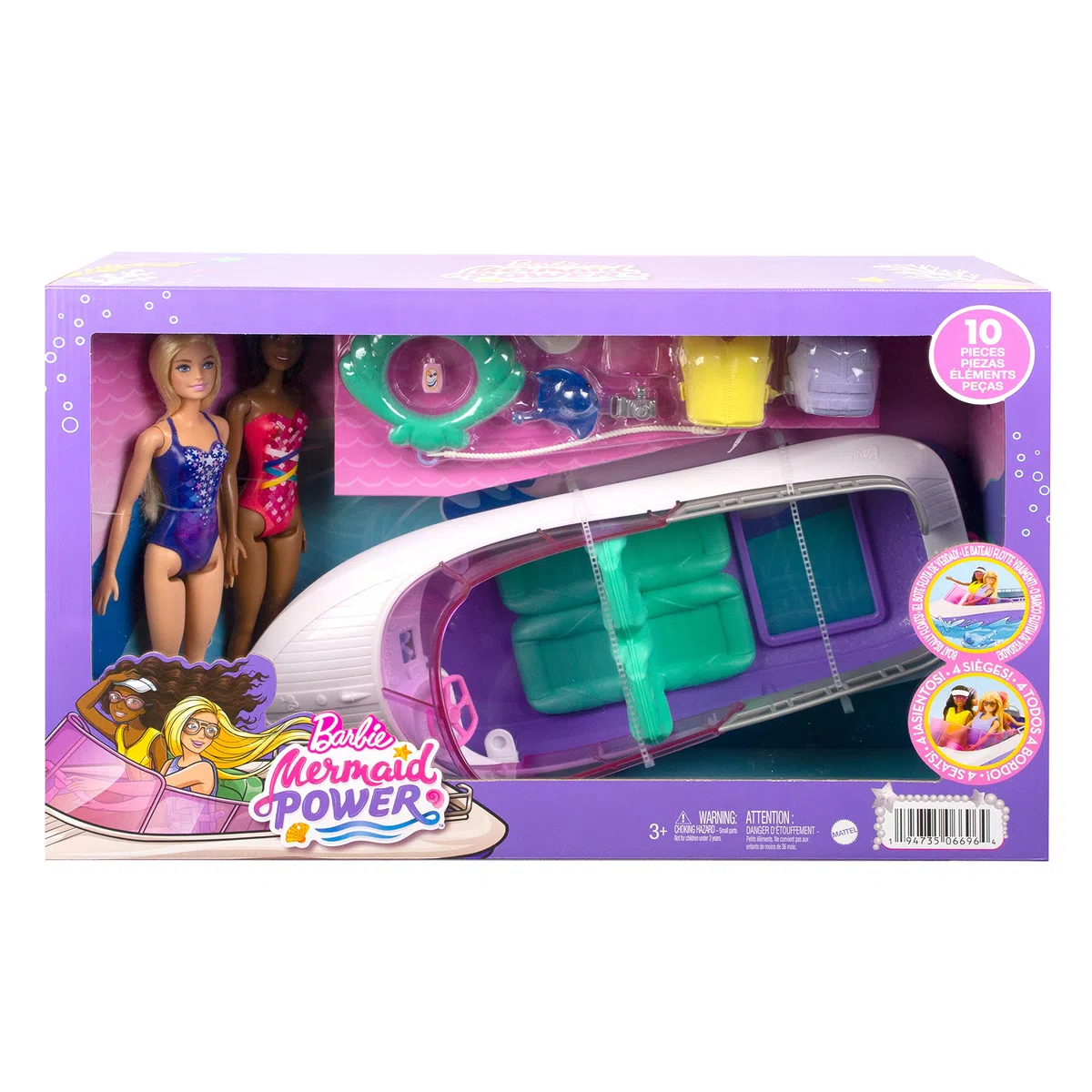 Barbie - Sirene playset con 2 barca galleggiante da 46 cm con fondo trasparente e accessori, Giocattolo per Bambini 3+ Anni, HHG60