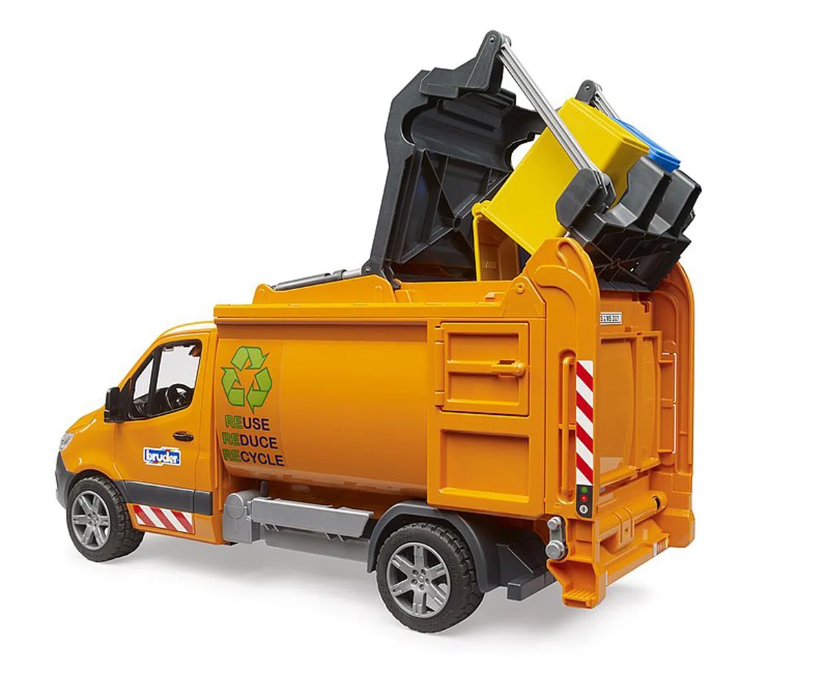 Bruder - MB Sprinter Veicolo di Raccolta dei rifiuti urbani Strada, Colore Arancione, 44,2 x 16,5 x 19,8 cm (02682)