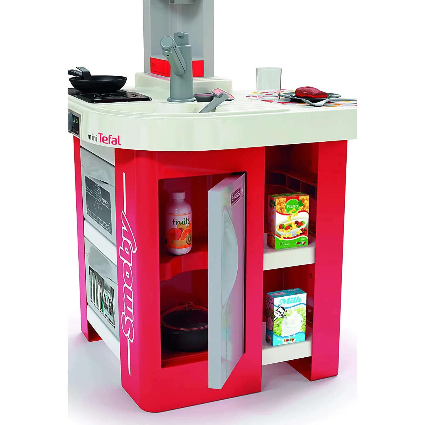 Smoby- Cucina Studio Bubble Red,7600311055, +3 anni, 26 accessori, effetto acqua che bolle, colore rosso, made in France
