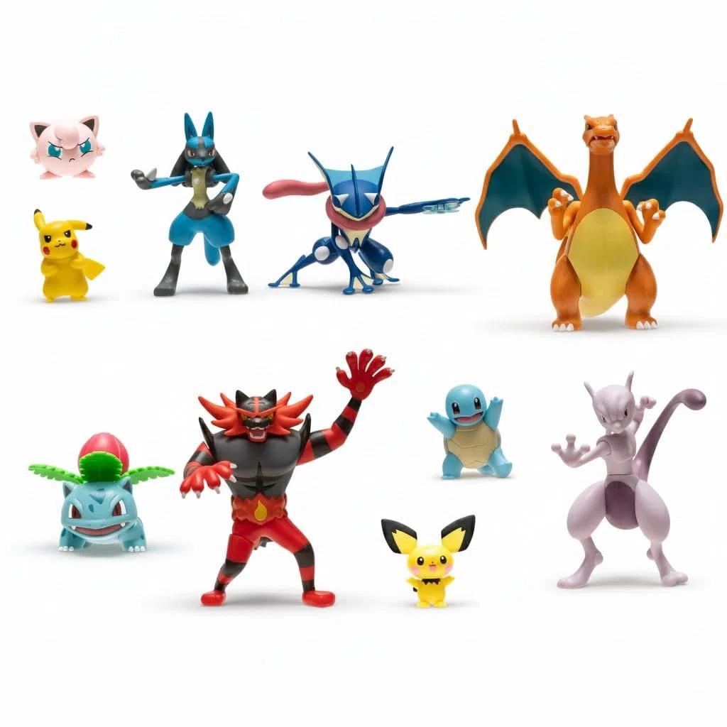 Pokémon Set di 10 statuette ufficiali (5–11 cm): Charizard, Pikachu, Lucario, Greninja, Mewtwo, Jigglypuff, Ivysaur, Incineroar, Squirtle e Pichu – Novità 2025.